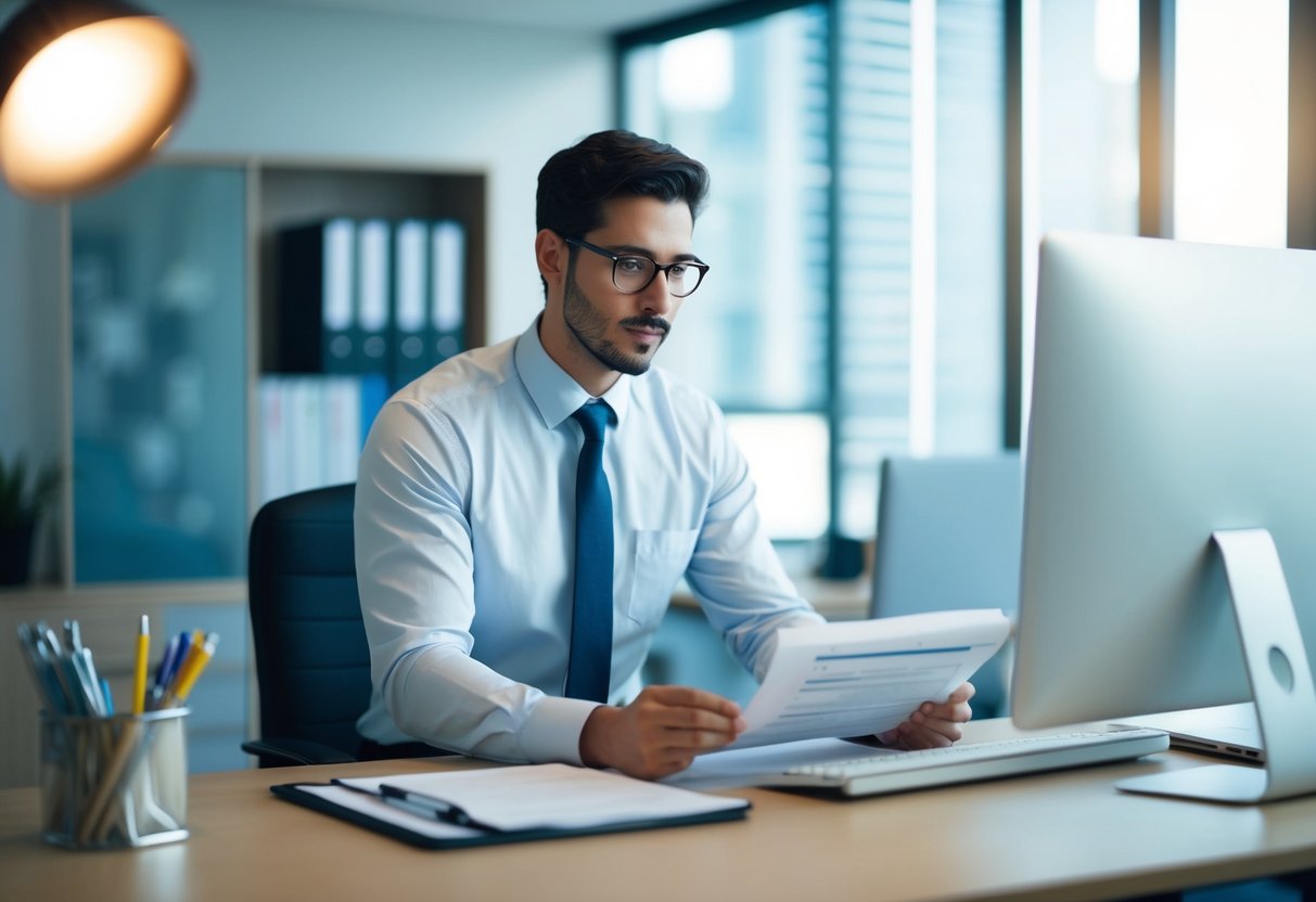 Un bureau avec un bureau, un ordinateur et des dossiers. Une personne analysant des données RH et préparant un rapport pour un DSP.