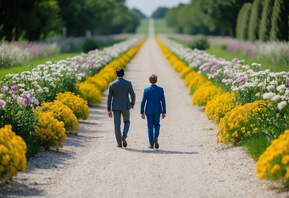 A figure leads another forward through a path lined with flowers and greenery, towards a central focal point