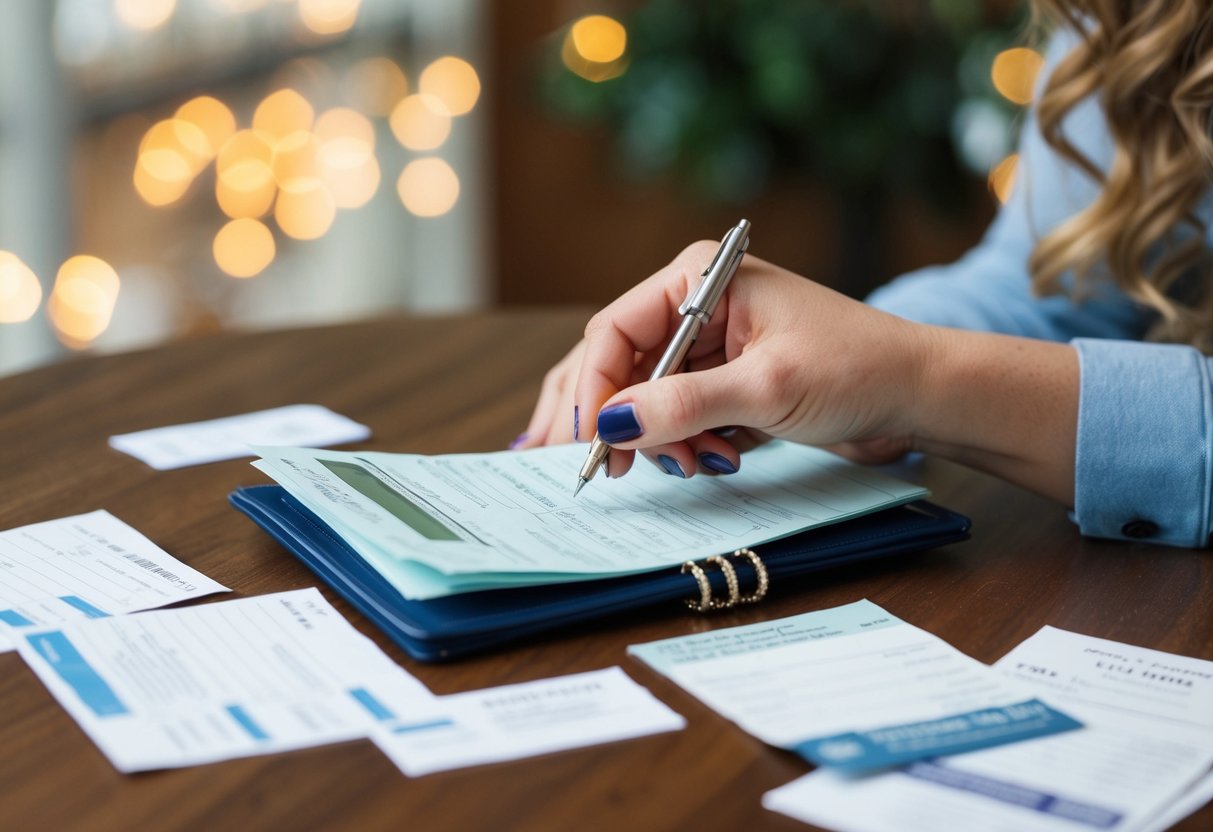 A woman's hand holding a checkbook, surrounded by wedding-related invoices and receipts