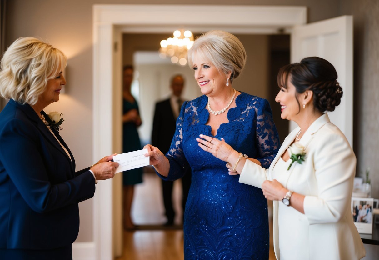 The mother of the bride hands over a check to the wedding planner