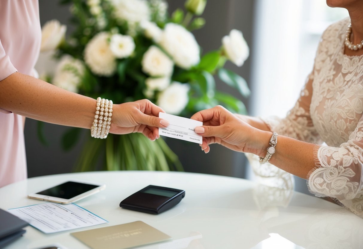 A mother of the bride handing over a check or credit card to pay for pre-wedding and ceremony essentials at a boutique or wedding planner's office