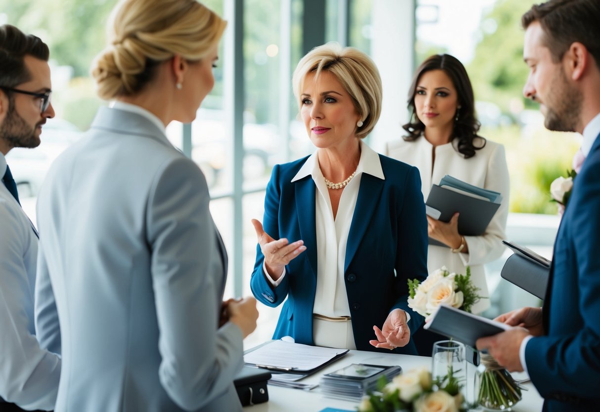 The mother of the bride is seen discussing and organizing wedding expenses with various vendors and service providers