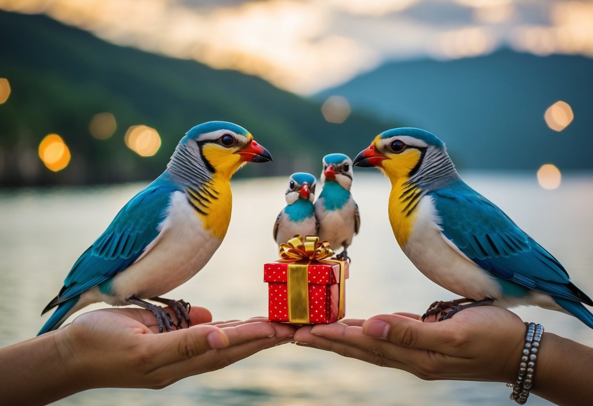 A family of birds presents a gift to a newlywed couple, symbolizing the tradition of the bride's family paying for the honeymoon