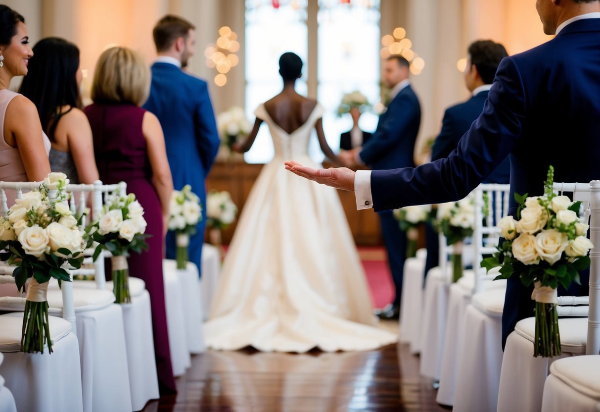 A figure in elegant attire gesturing towards the aisle