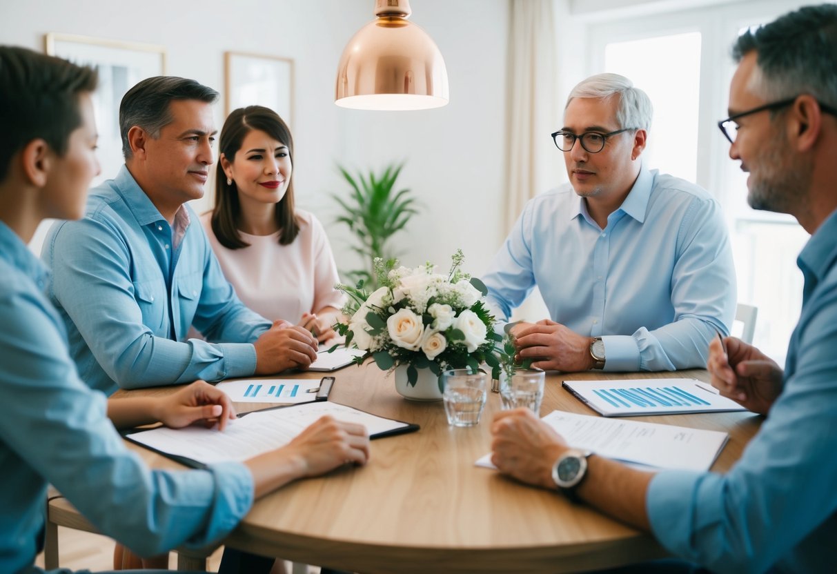 A family meeting around a table, discussing wedding budget and honeymoon expenses