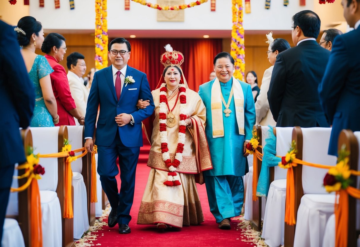A mother figure is escorted down the aisle by a ceremonial participant in traditional attire, surrounded by symbolic decorations and cultural elements