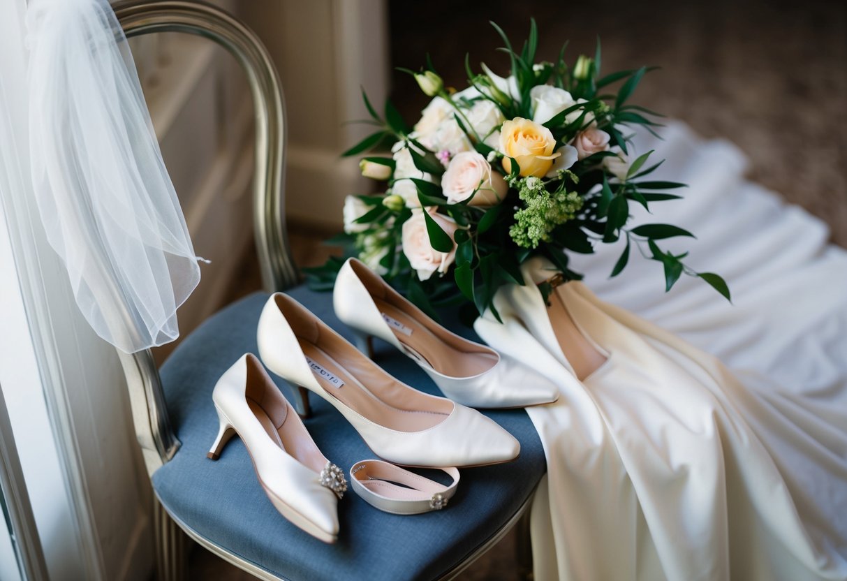 A woman's elegant dress and shoes laid out on a chair, with a bouquet of flowers and a veil nearby
