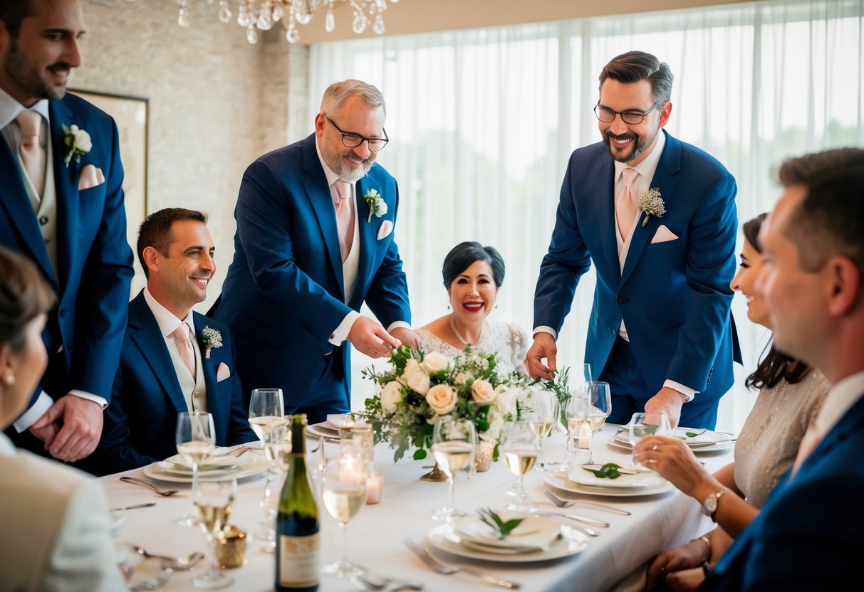 The groom's family contributes financially to the wedding, covering specific expenses such as the rehearsal dinner, their own attire, and any additional costs they choose to take on