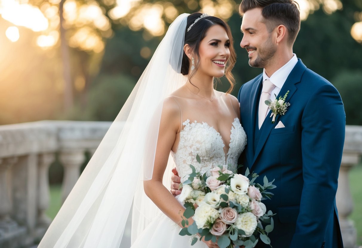 A woman wearing a bridal gown with a veil, holding a bouquet of flowers, standing next to the groom