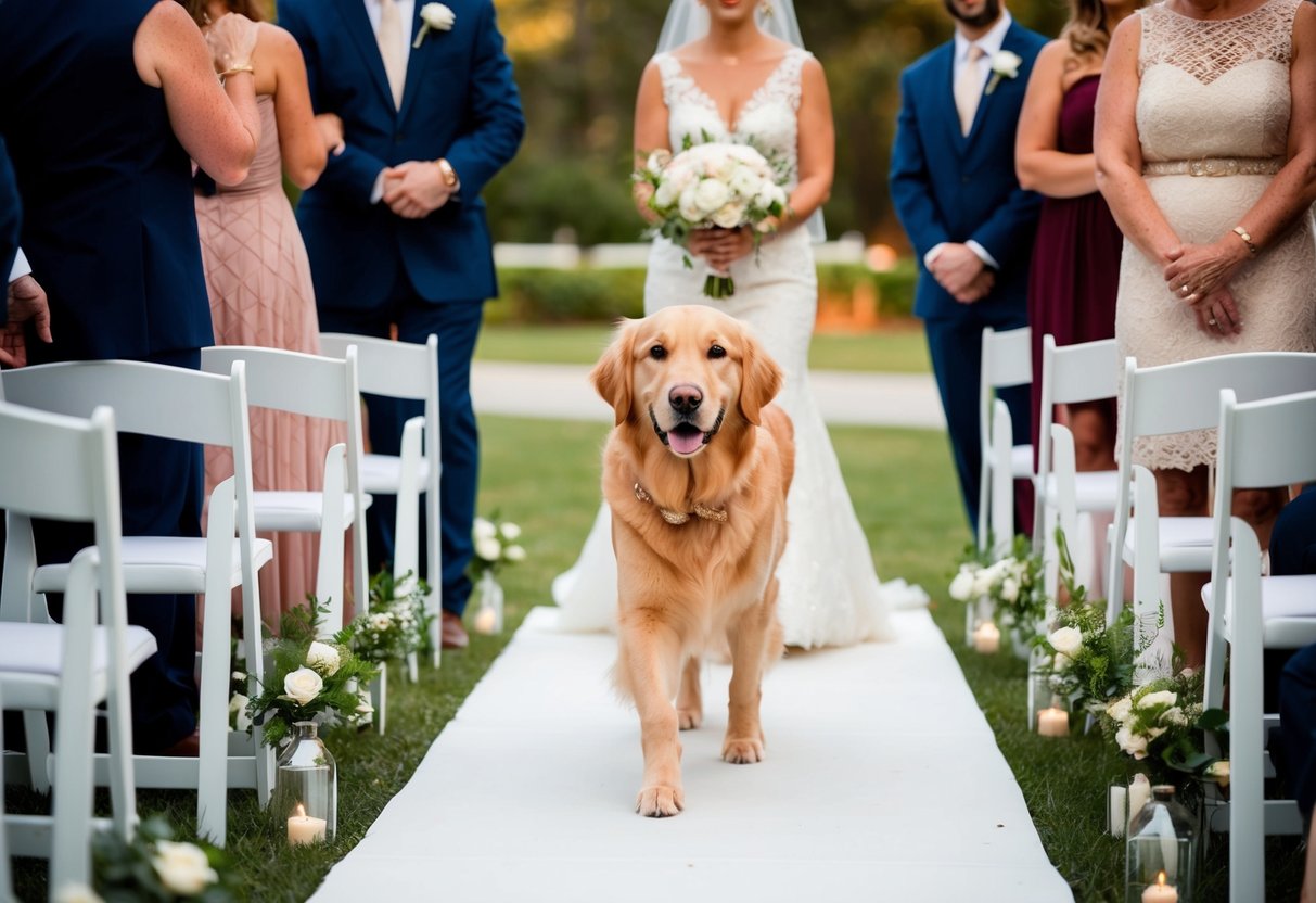 A regal golden retriever walks the groom's mother down the aisle