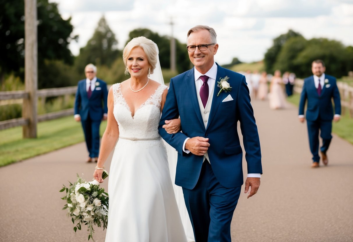 The groom's mother is escorted by a close family member or friend
