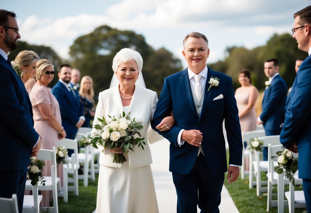 A figure in formal attire escorts the groom's mother down the aisle