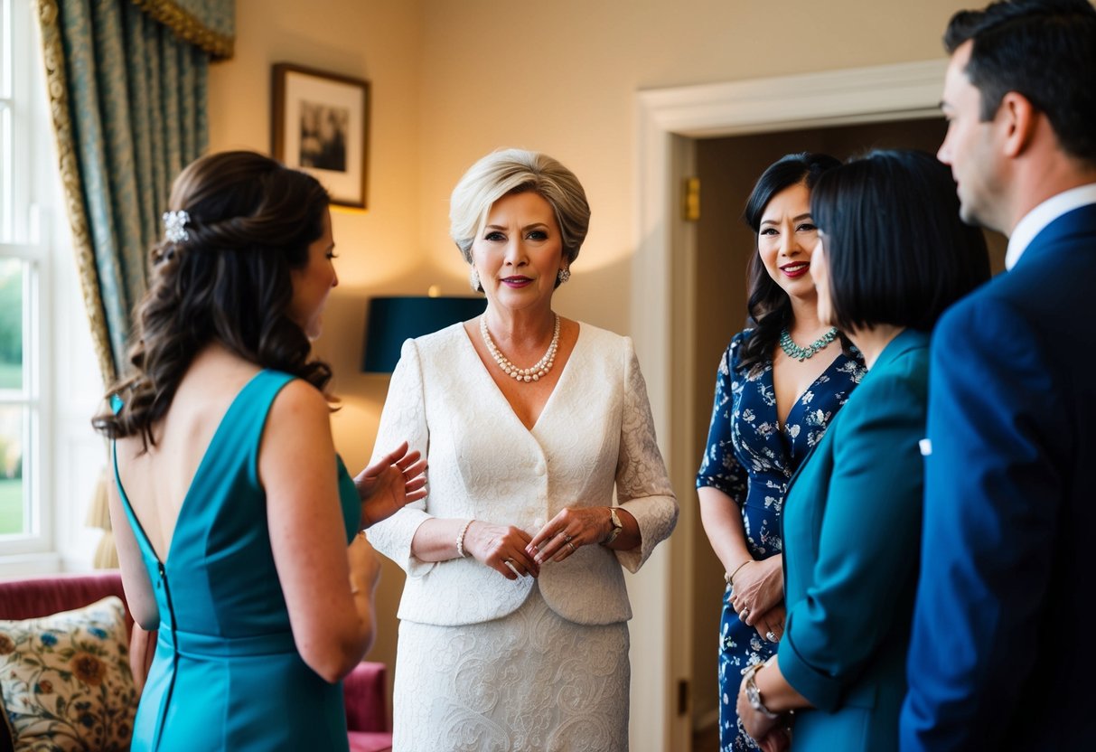 The mother of the groom discussing wardrobe choices with key individuals in a tastefully decorated room