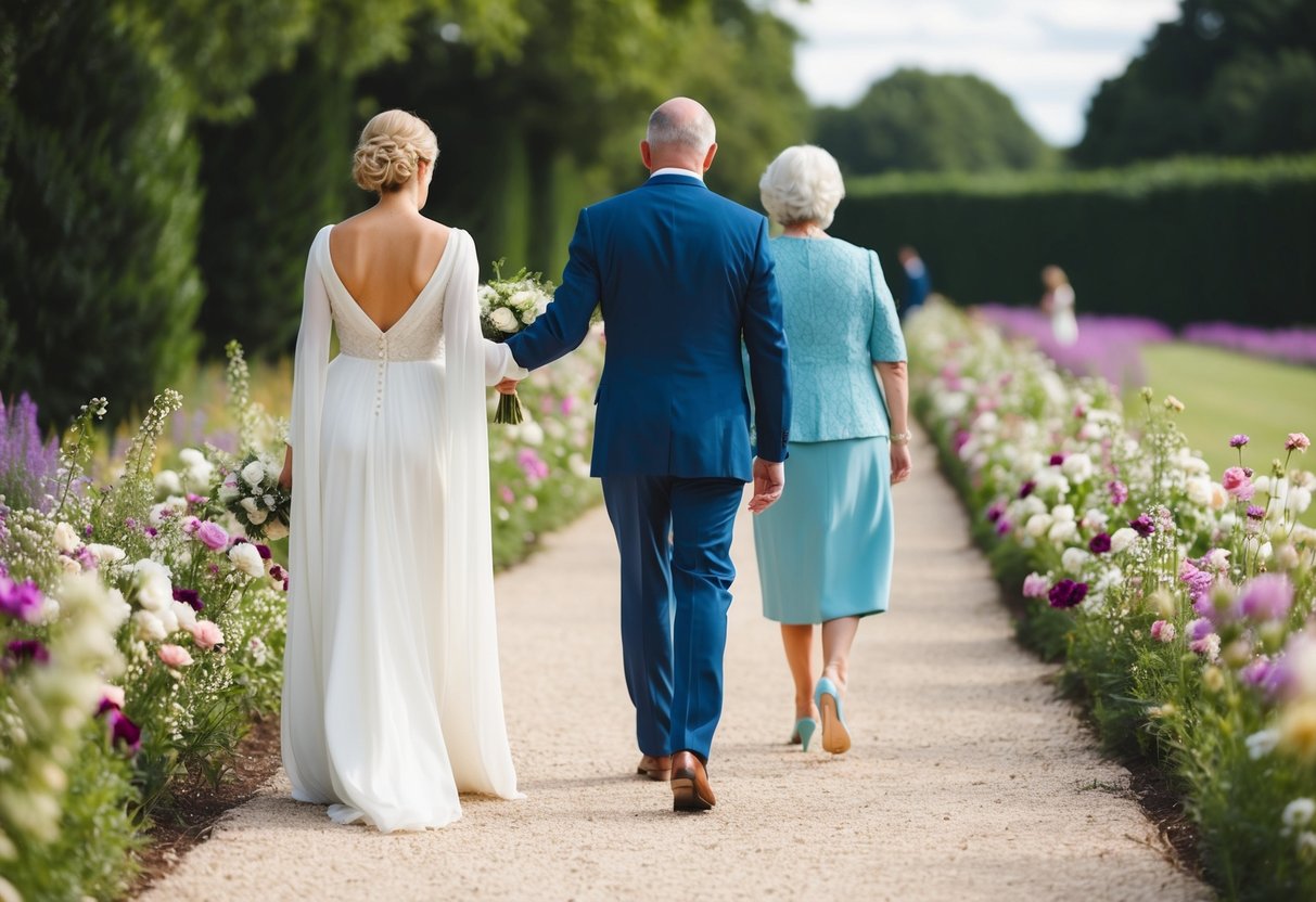 A graceful figure leads the groom's mother down a flower-lined path
