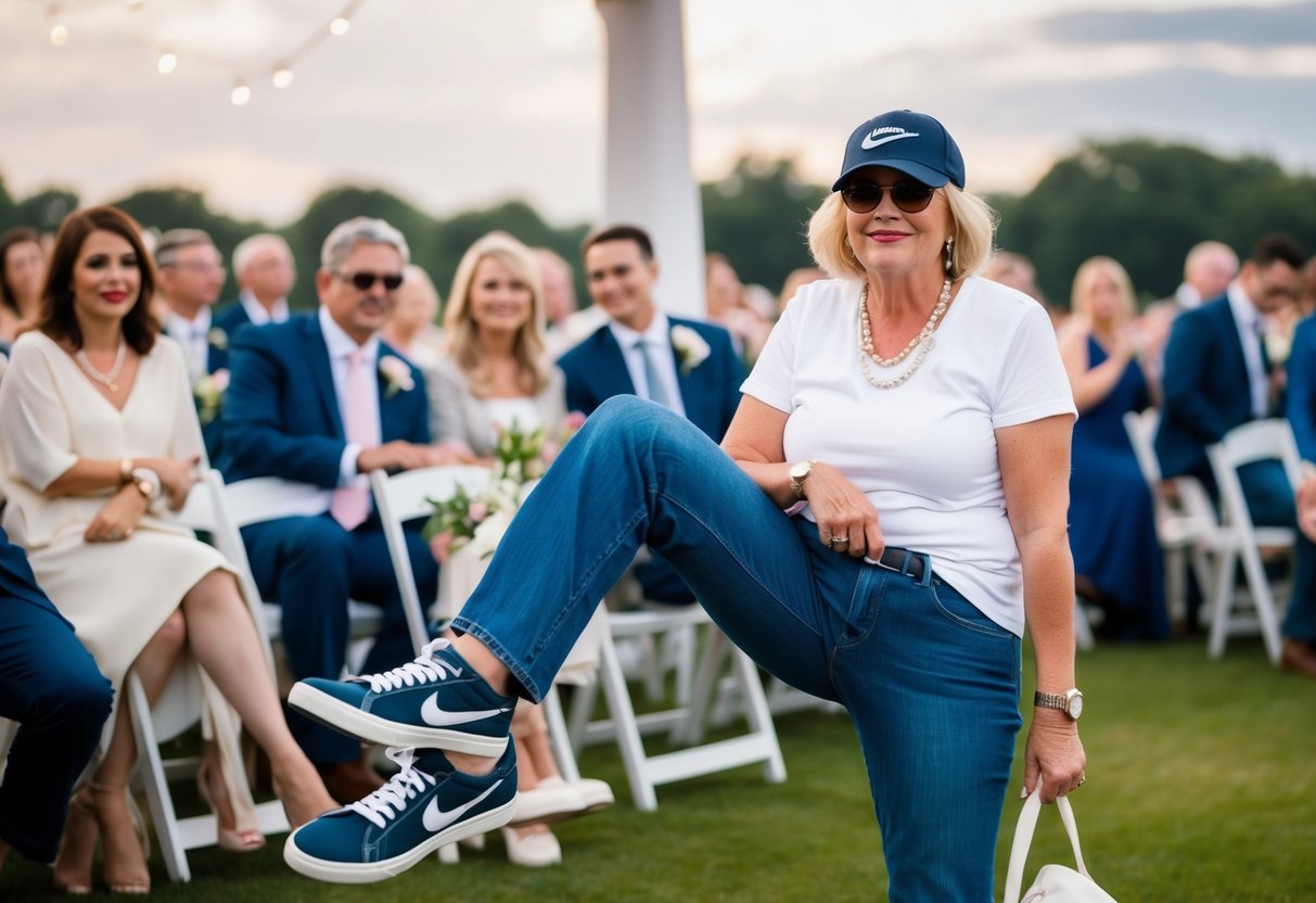 The mother of the groom wearing a casual outfit to a pre-wedding event, such as jeans and a t-shirt, with sneakers and a baseball cap