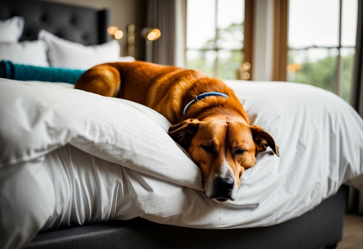 A loyal pet sleeps at the foot of the groom's bed, guarding him through the night before the wedding