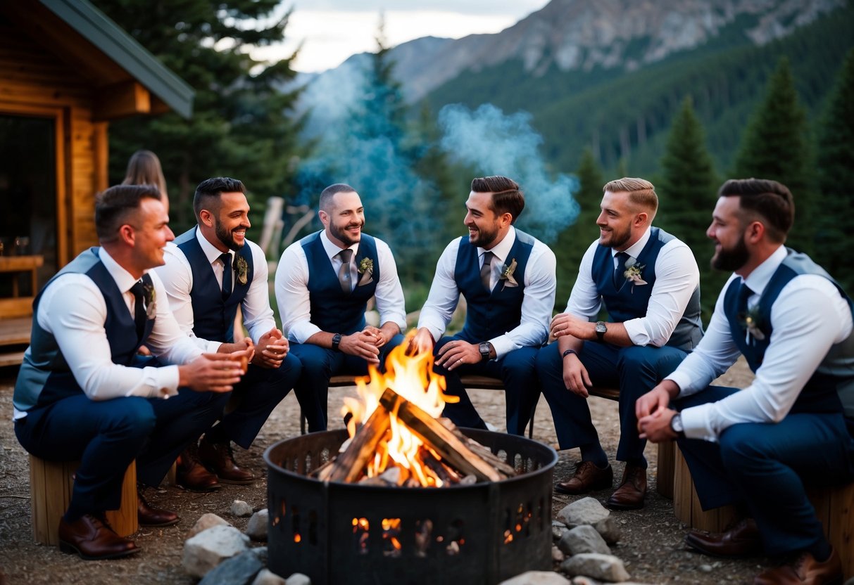 A group of groom's companions gather around a cozy campfire, exchanging stories and laughter as they prepare for the upcoming wedding day