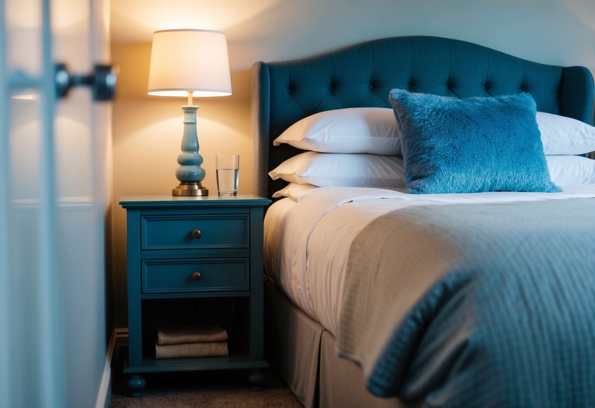 A cozy bedroom with a neatly made bed, a nightstand with a glass of water, and a soft glow from a bedside lamp