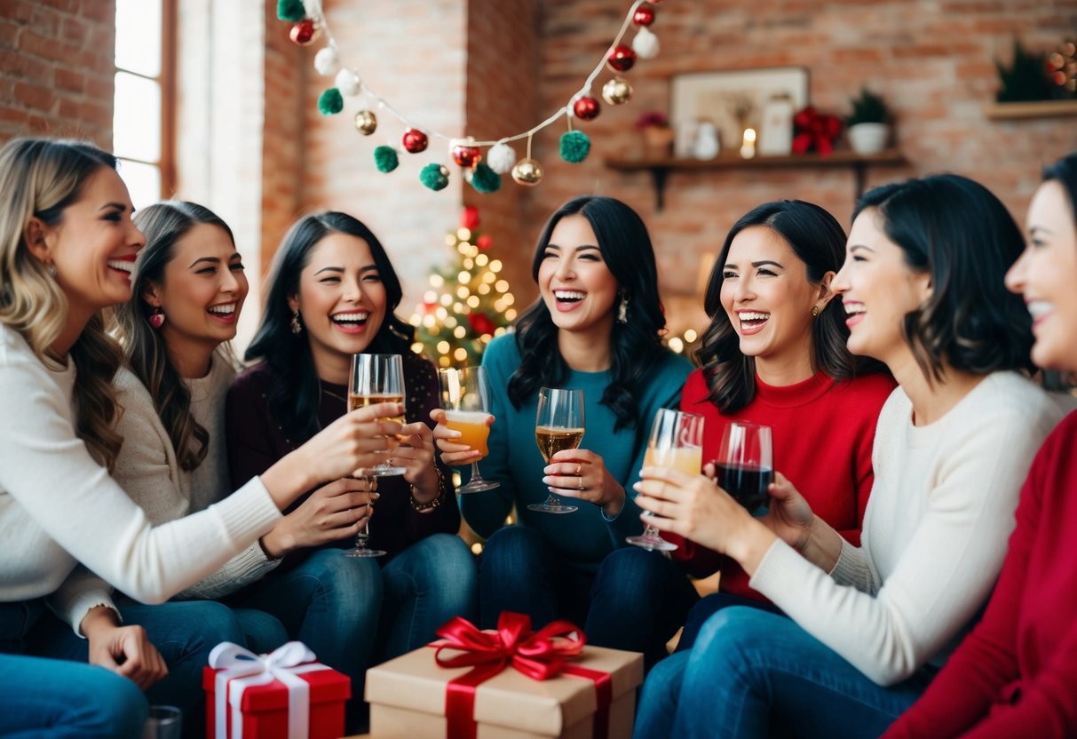 A group of women celebrating with decorations, drinks, and laughter in a cozy setting