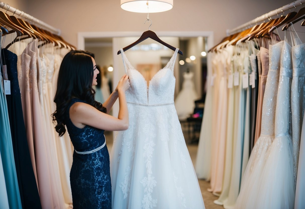 A dress being selected and purchased at a bridal boutique by a customer