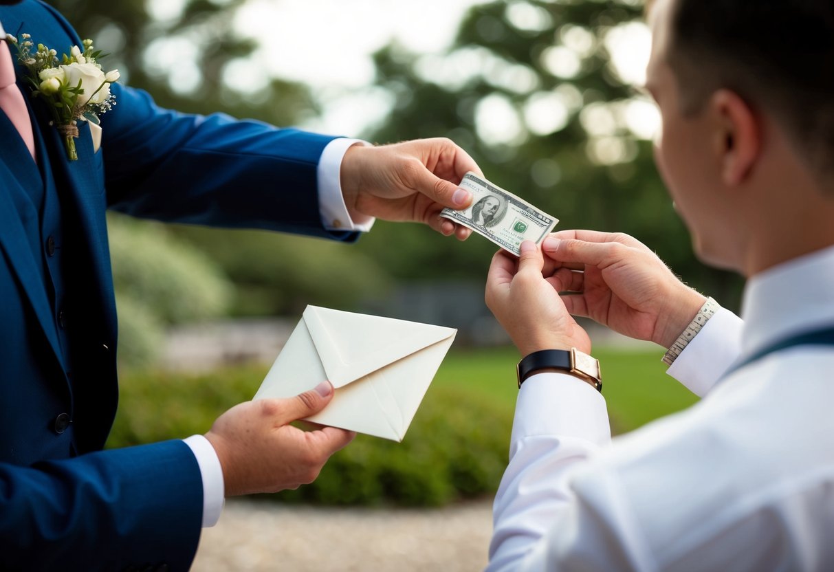 A best man handing over an envelope with cash as a wedding gift