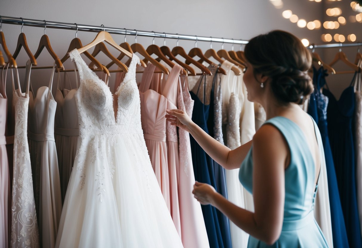 A bridal gown being chosen from a rack of dresses by a figure