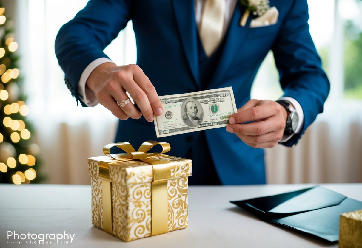A best man placing an envelope with money into a decorative wedding gift box
