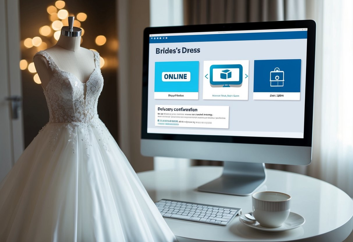 A bride's dress being purchased online, with a digital payment transaction and a delivery confirmation notification