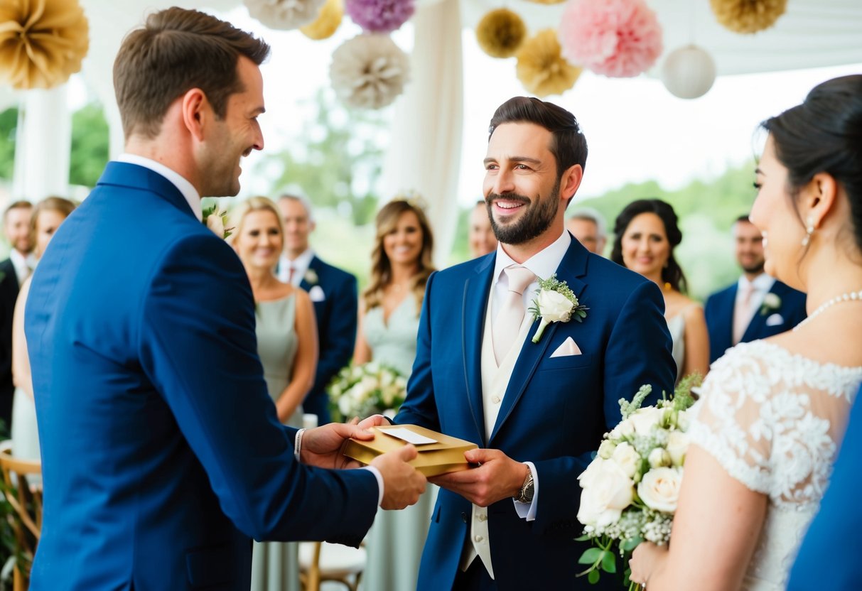 A best man giving a gift envelope to the groom, surrounded by wedding decorations and guests