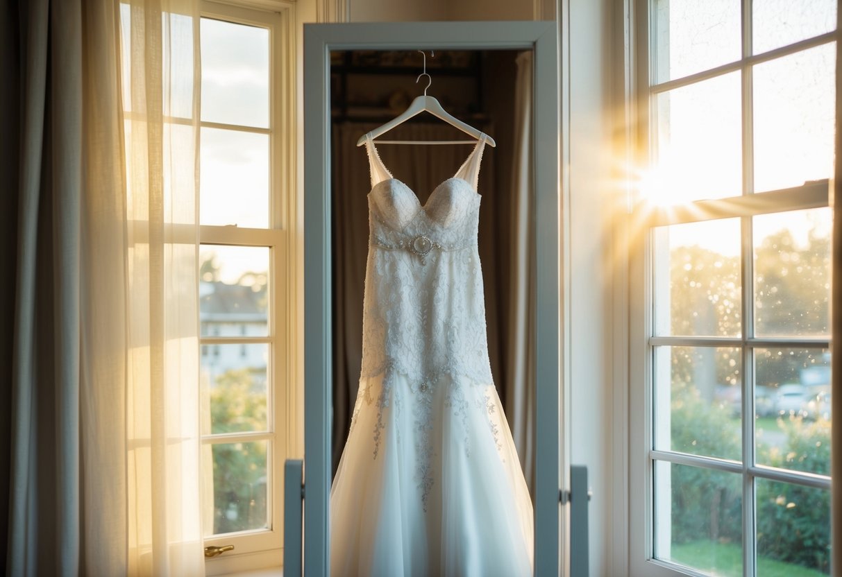 A mirror reflects the bride's dress hanging in front of a window with sunlight streaming through, casting a soft glow over the delicate lace and intricate beading