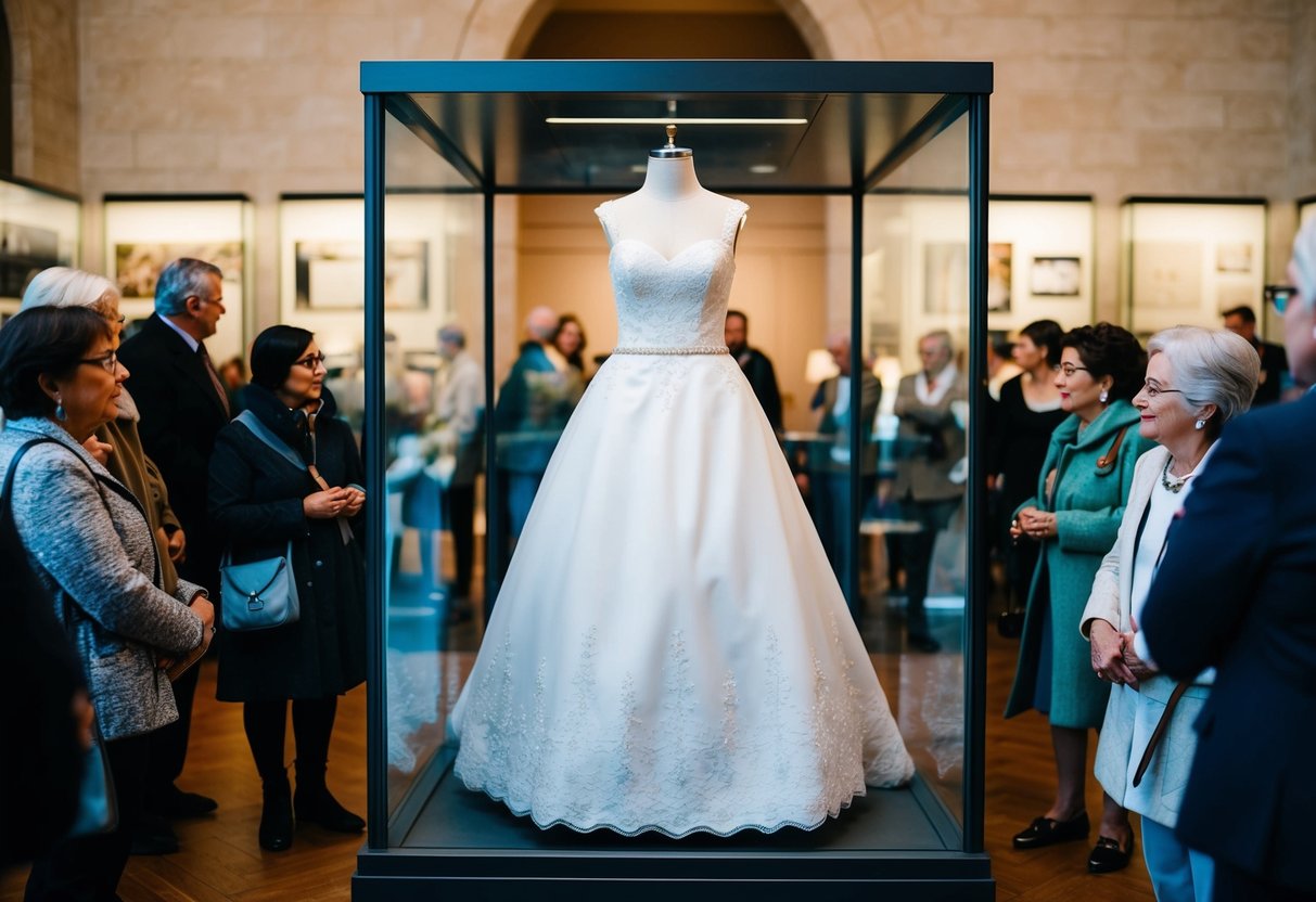 A wedding dress displayed in a glass case at a museum, surrounded by onlookers