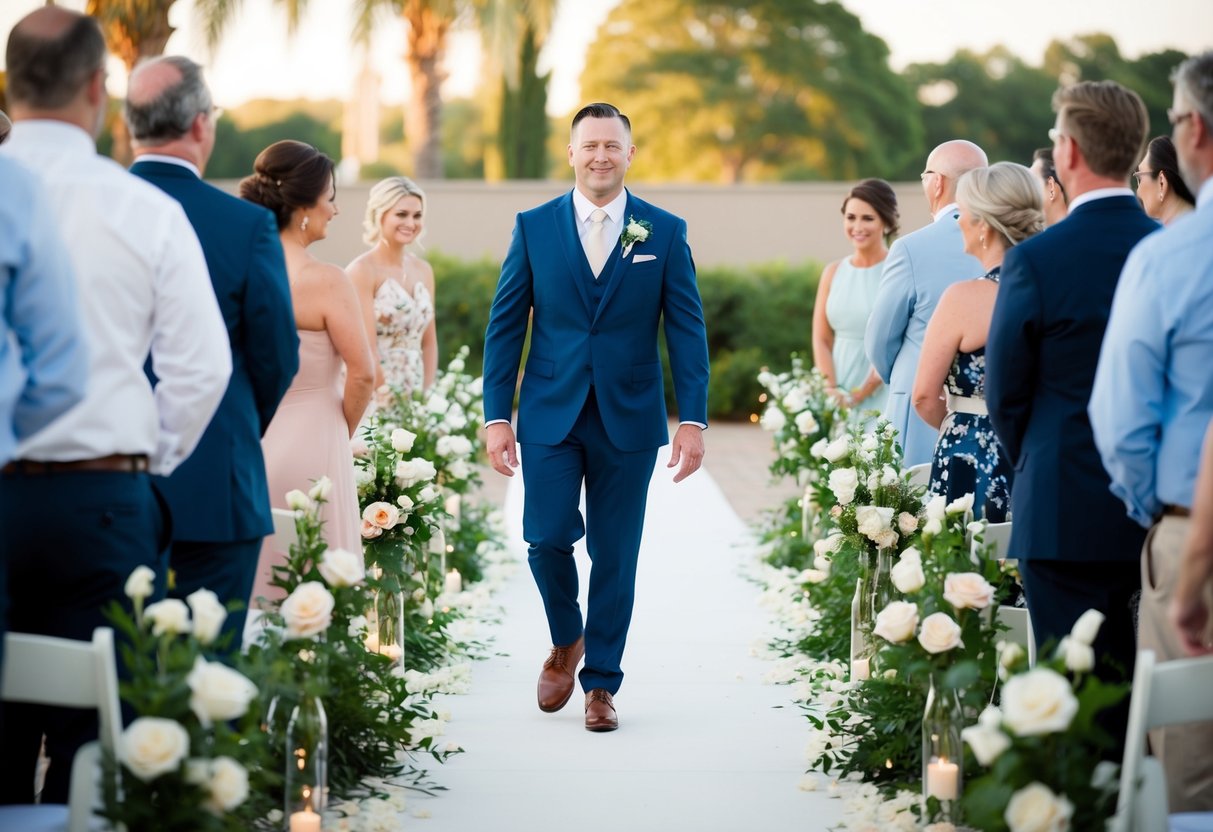 The groom walks ahead of the best man down a flower-lined aisle
