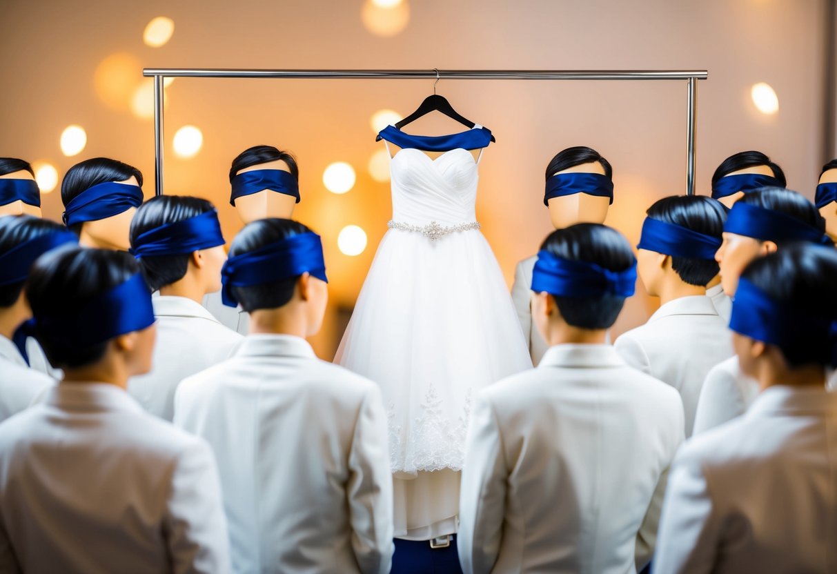 A group of figures blindfolded, gathered around a wedding dress on a stand