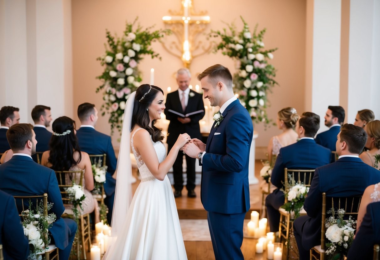 A couple exchanging wedding rings on a decorated altar with guests seated in rows, surrounded by flowers and candles