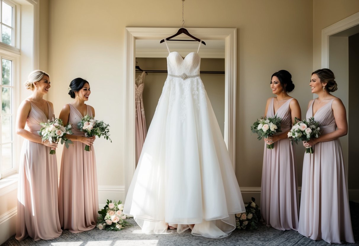 A bride's dress hangs on a hanger in a sunlit room, surrounded by bridesmaids' dresses and floral bouquets