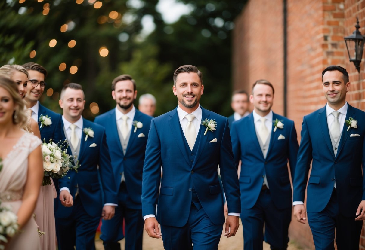 The groom leads the procession, followed by the best man