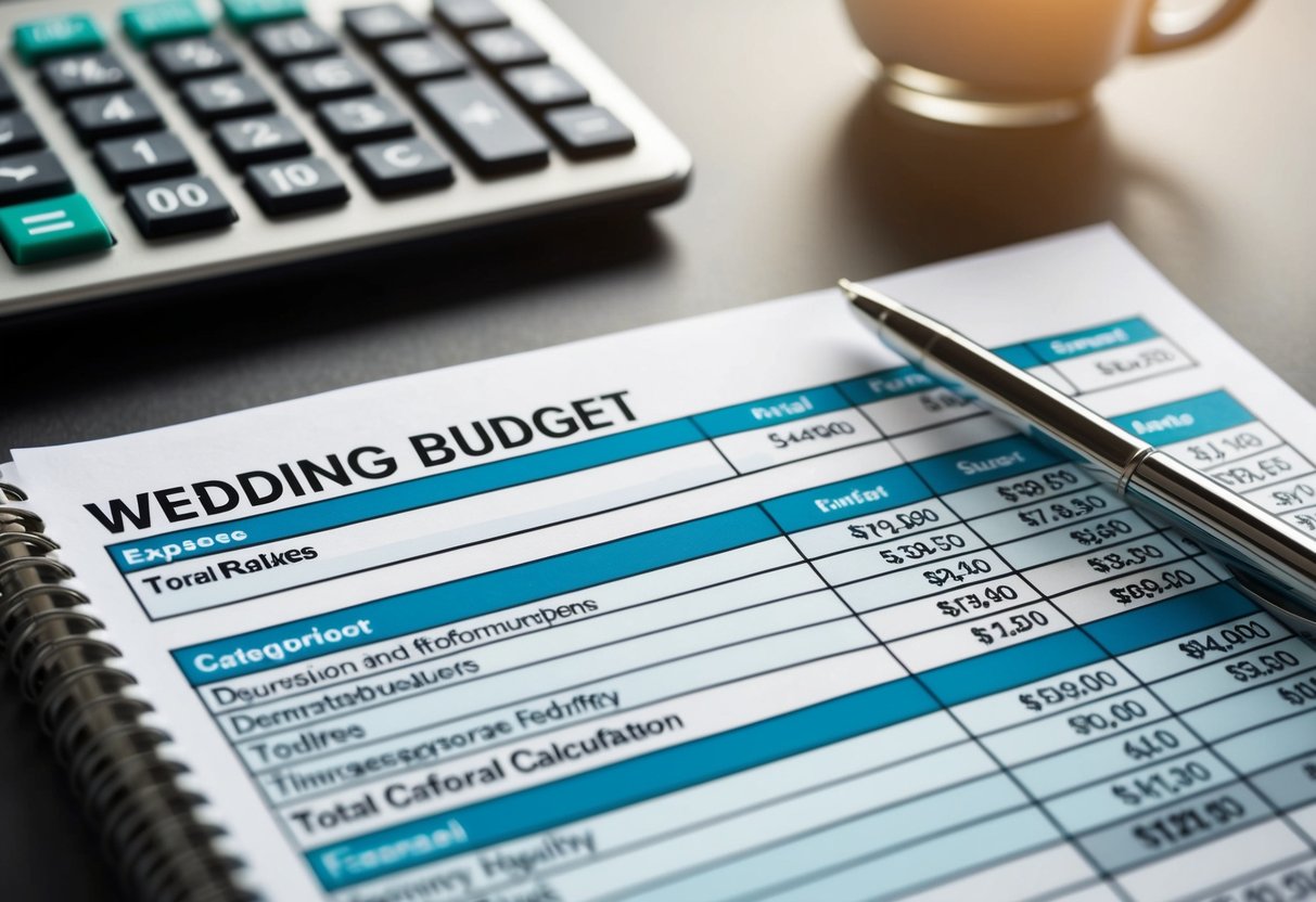 A wedding budget spreadsheet with various expense categories and financial calculations