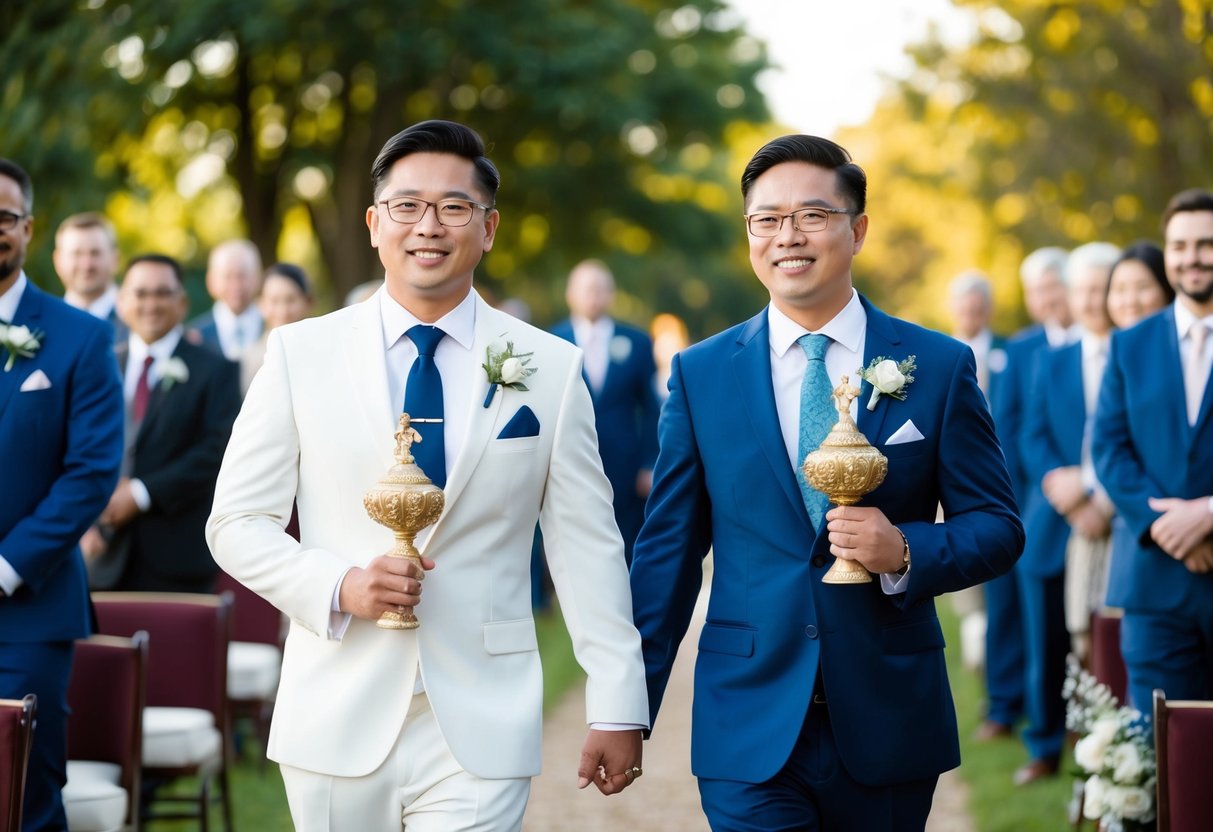 A groom and best man walk side by side, each holding a ceremonial object representing their cultural or religious tradition