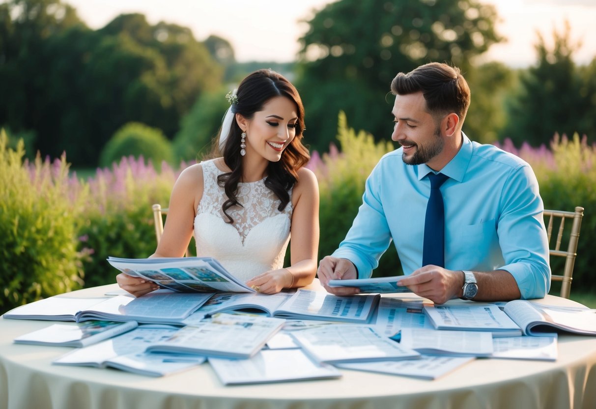 A couple sits at a table covered in wedding magazines and price lists, calculating costs and discussing budget for their upcoming special event