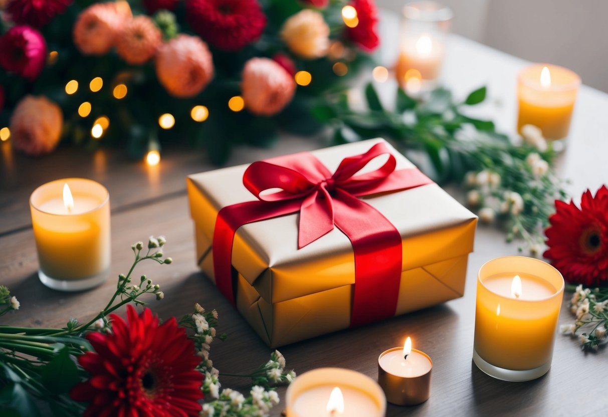 A wrapped gift box sits on a table, surrounded by flowers and candles