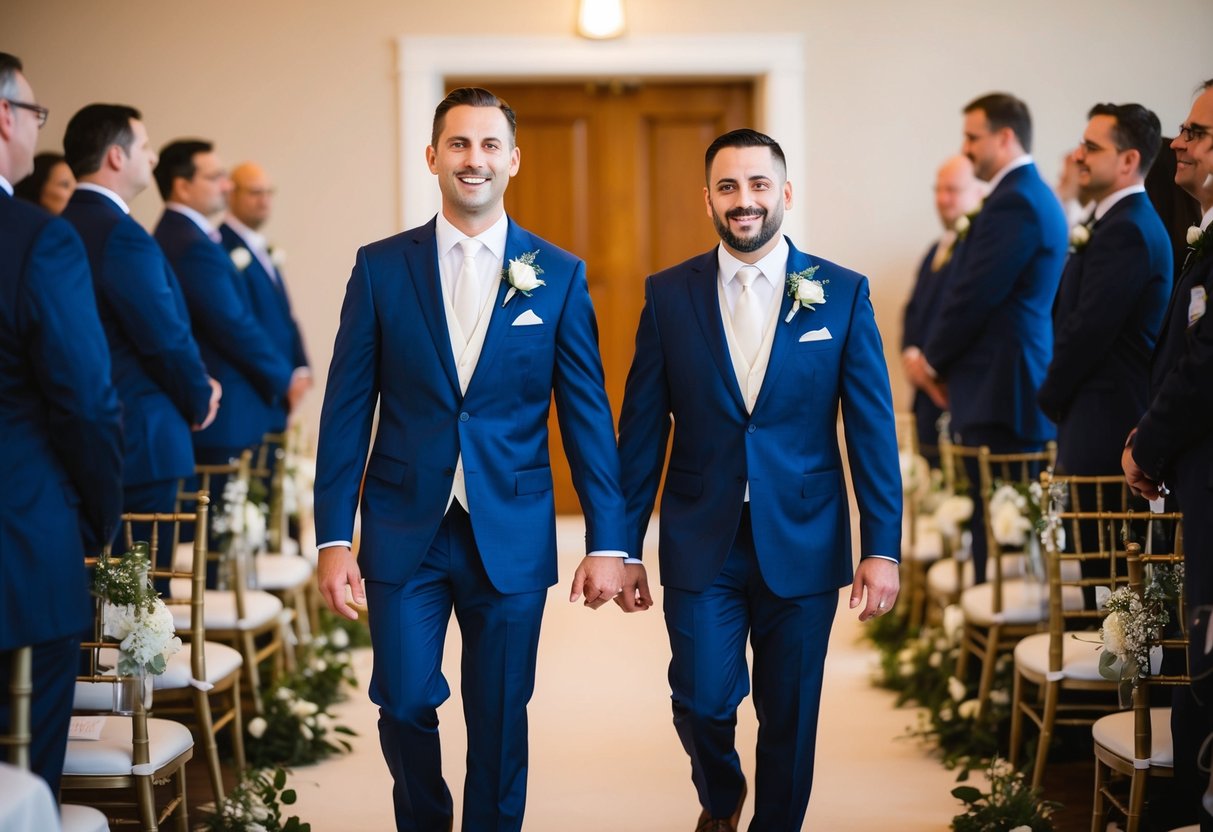 The groom walks first, followed by the best man in the ceremony's progression