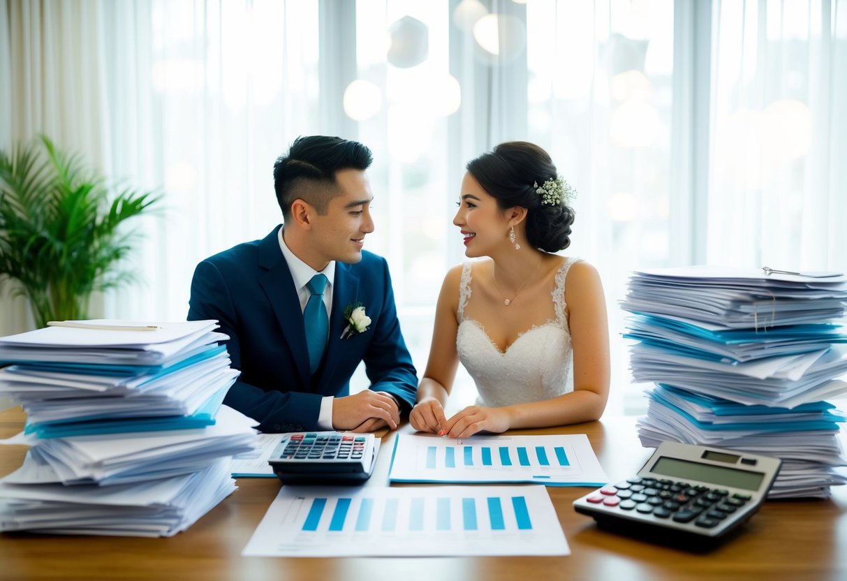 A couple sitting at a table with wedding planning materials, surrounded by stacks of financial documents and calculator