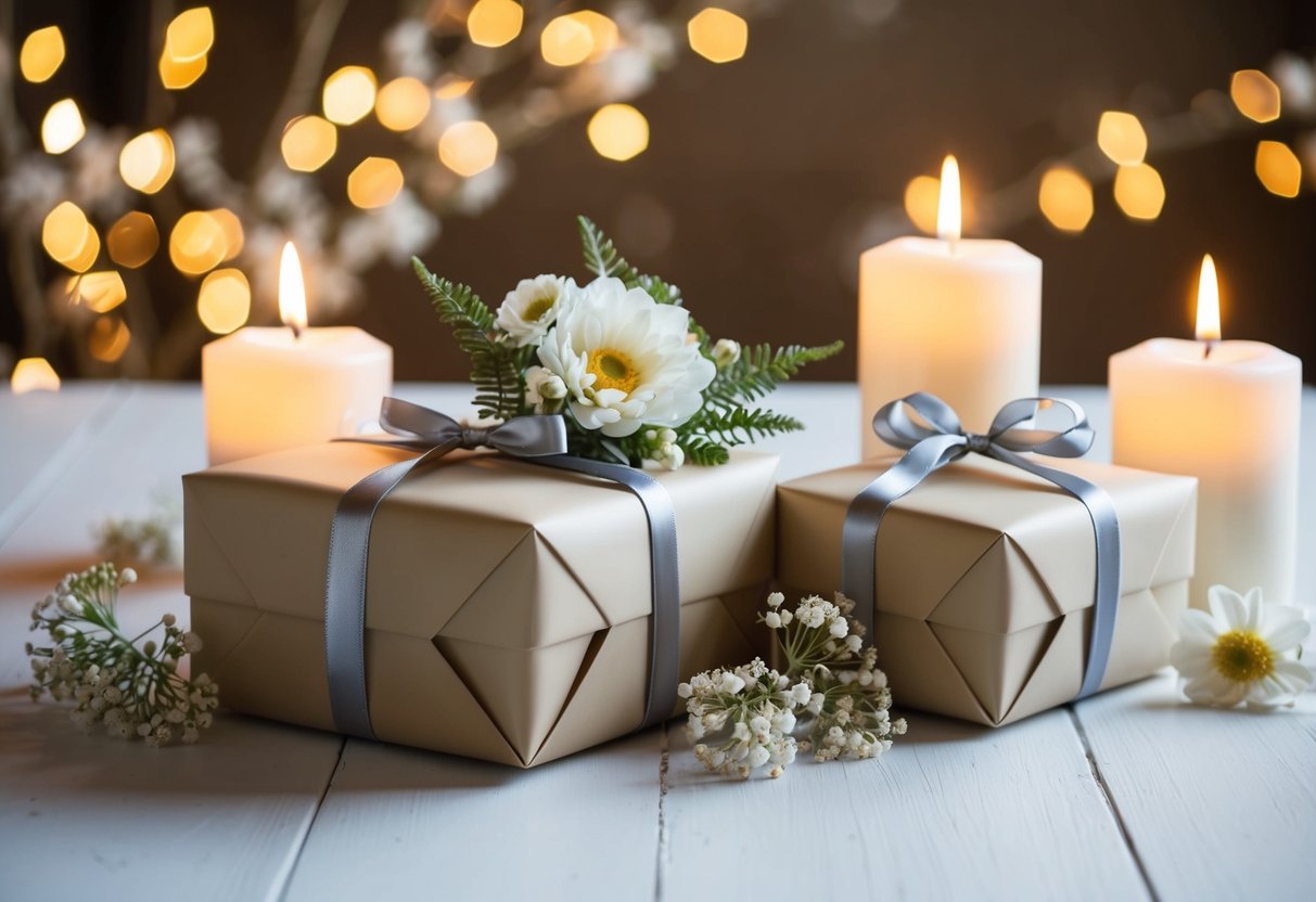 A pair of elegant, wrapped gifts sit on a table, surrounded by delicate flowers and soft candlelight