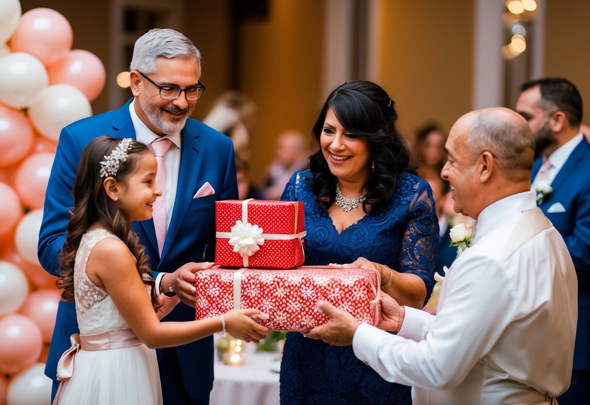 Parents present a wrapped gift to their daughter at a wedding reception