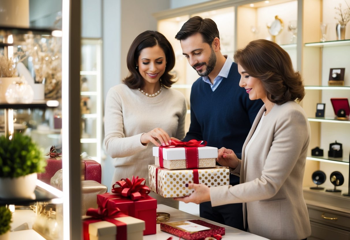 Parents carefully selecting a beautifully wrapped gift box from a display of elegant items in a boutique