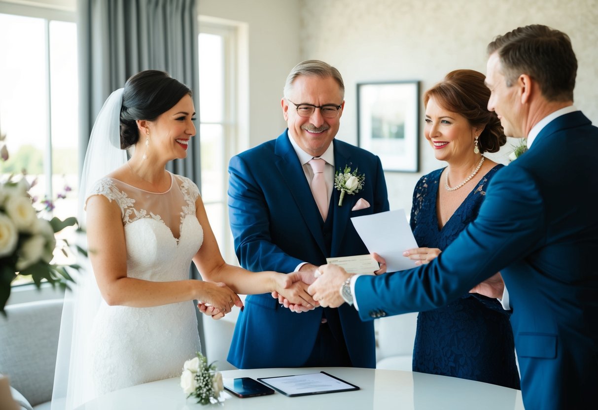 The groom's parents handing over a check to the couple or discussing wedding budget with a wedding planner