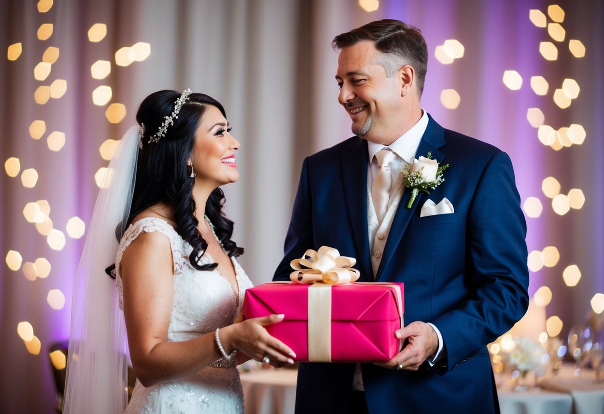 A couple presents a beautifully wrapped gift to their daughter at her wedding reception