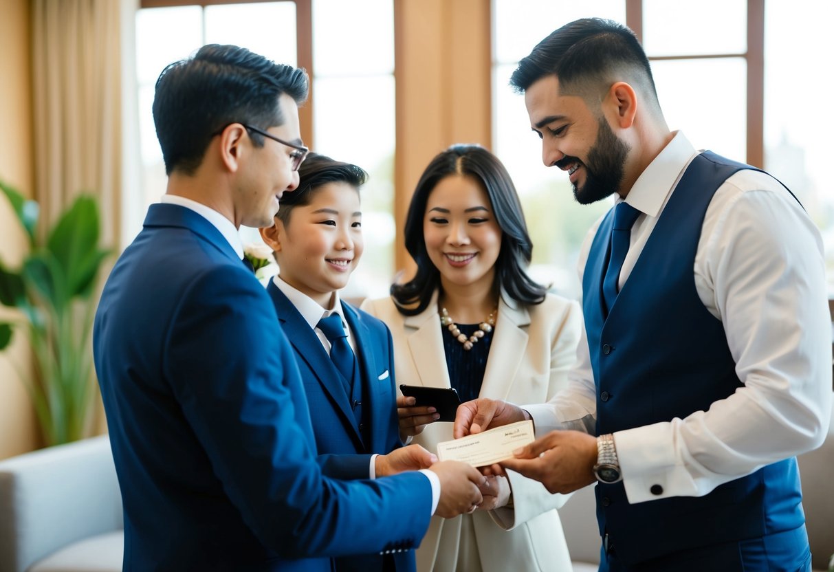 A family of the groom hands over a check to a travel agent