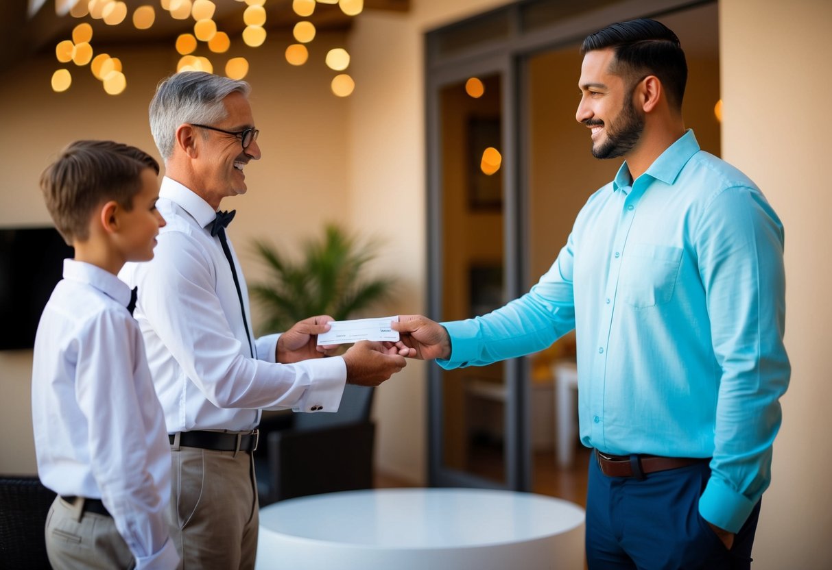 A family of the groom handing over a check or cash to a travel agent or resort representative for the honeymoon