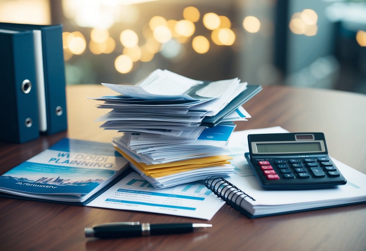 A table with a stack of bills and receipts, a travel brochure, and a calculator, all surrounded by a wedding planning binder and a pen